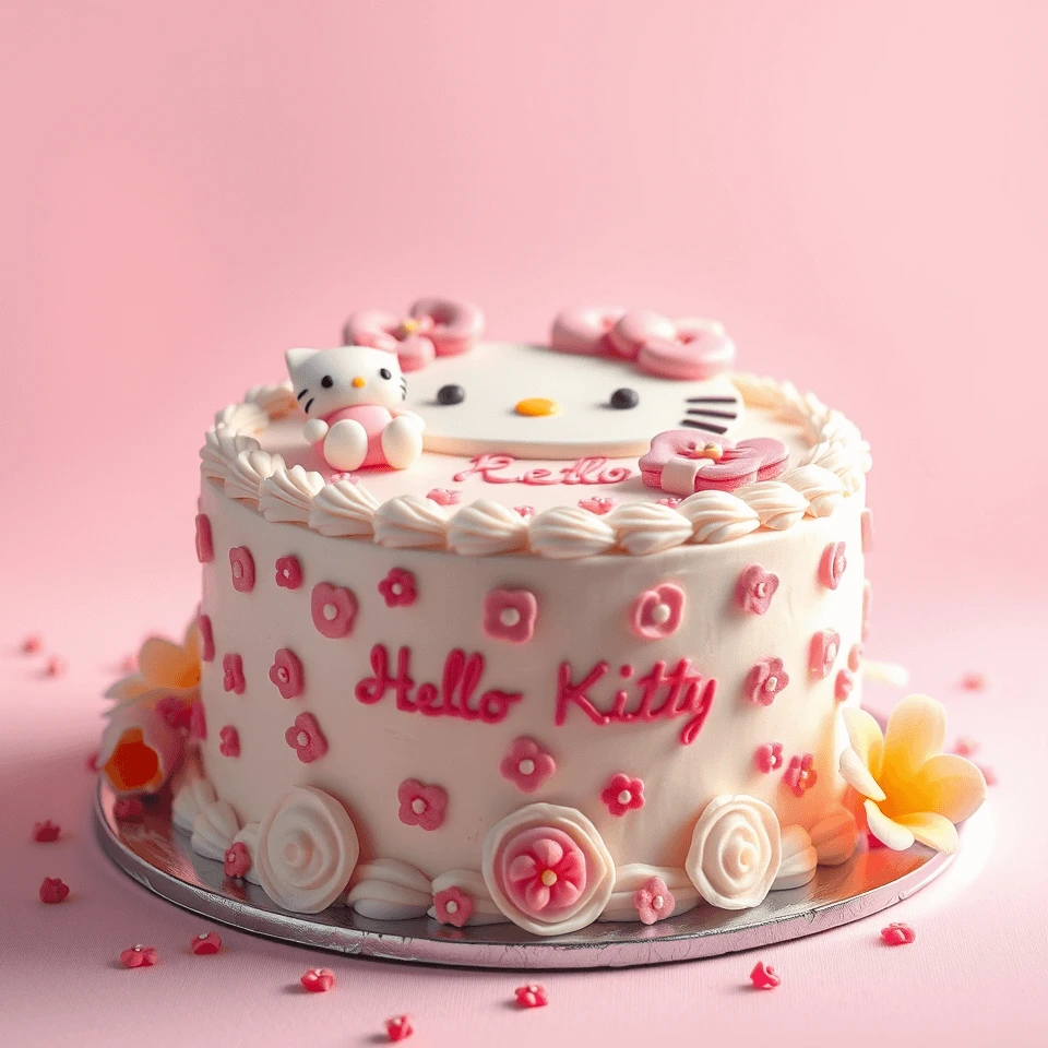 A decorated Hello Kitty cake with pink frosting, a cute Hello Kitty figure on top, and colorful accents.