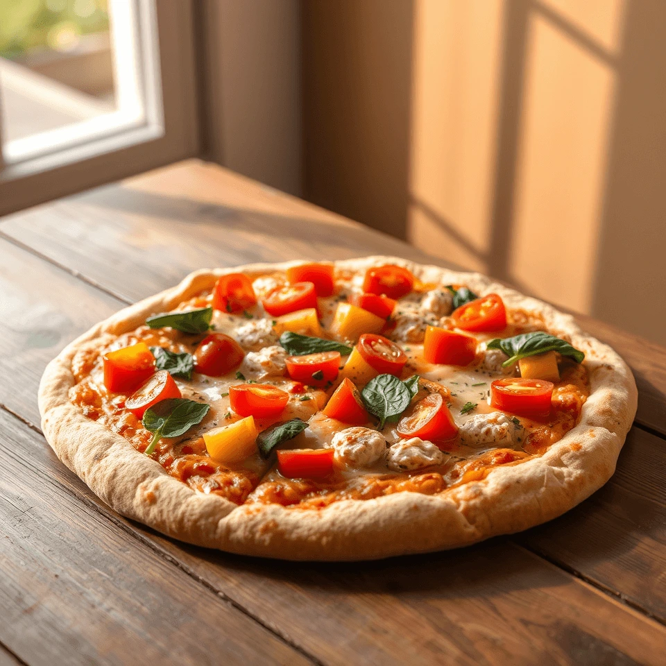 A freshly baked pizza on a wooden table, topped with cherry tomatoes, fresh basil leaves, and melted cheese.
