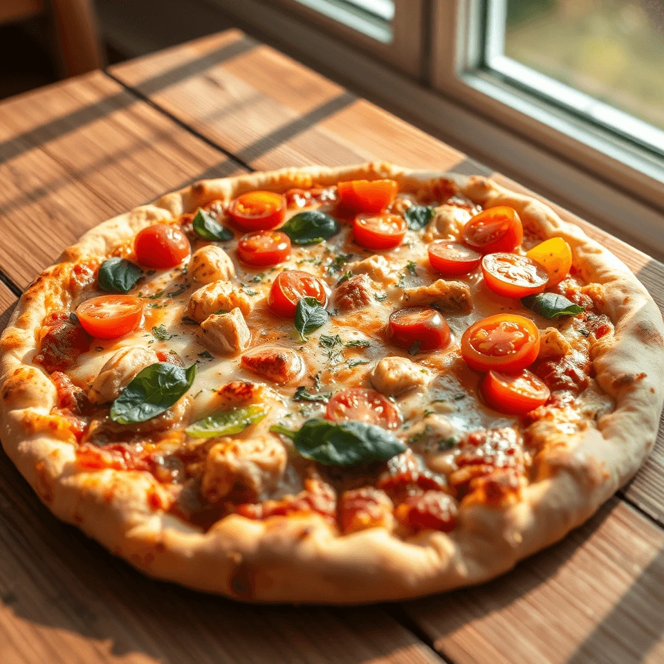 A freshly baked pizza with cherry tomatoes, basil leaves, and melted cheese on a wooden table near a window.