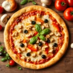 Homemade chicken pizza with black olives, red bell peppers, diced chicken, and fresh basil on a golden crust, surrounded by fresh vegetables on a wooden table.