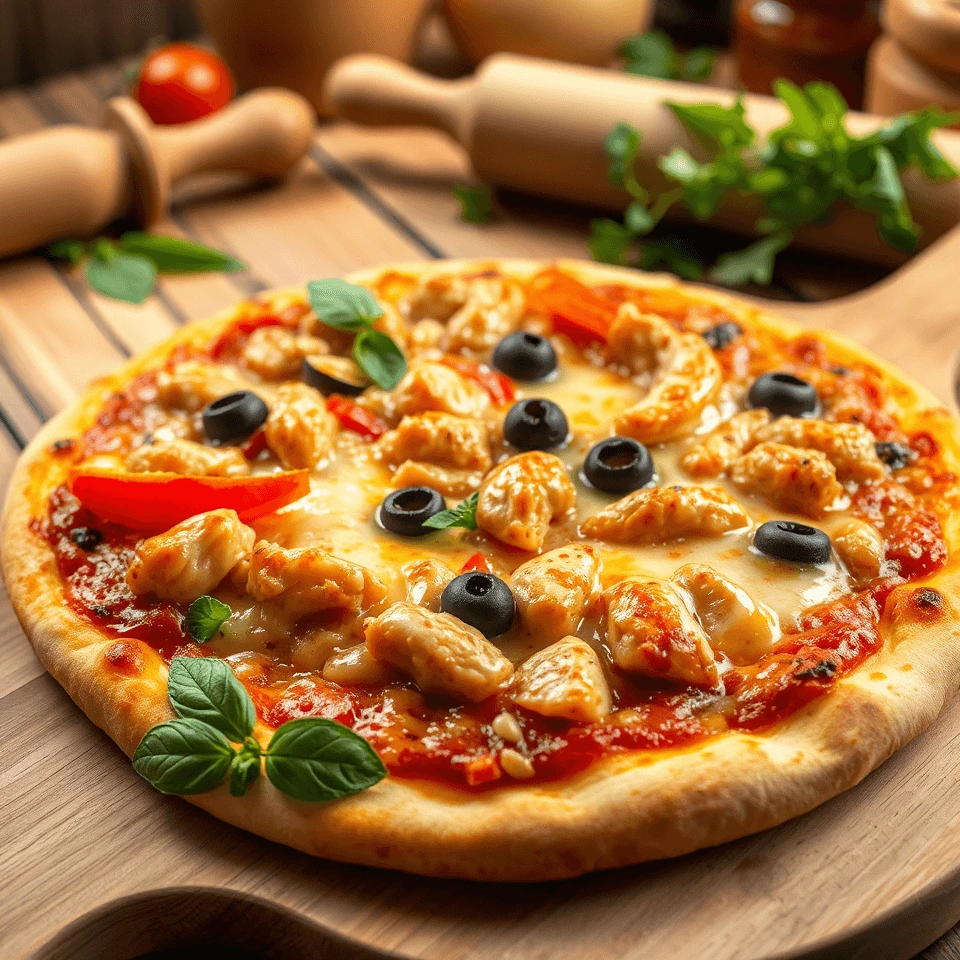 Cheesy chicken pizza topped with black olives, red peppers, and fresh herbs, served on a wooden board in a rustic kitchen setting.