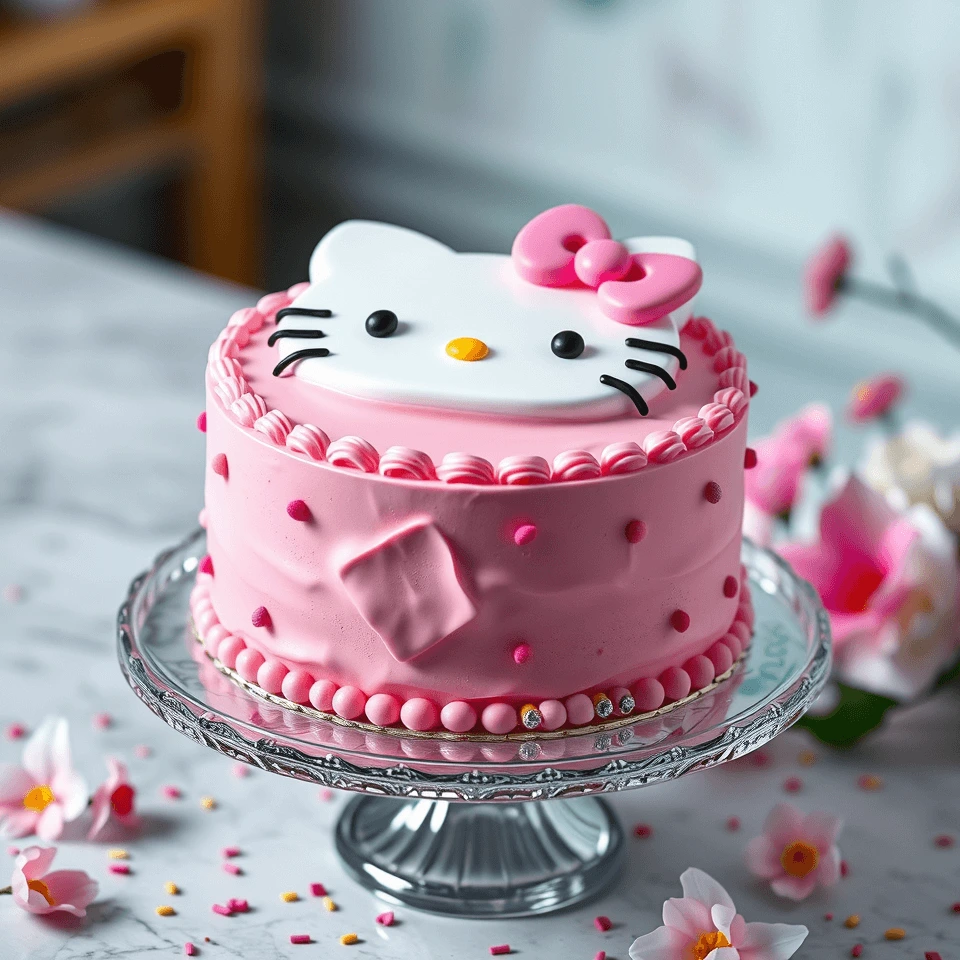 Pink Hello Kitty cake with a bow and decorated with small pink and red accents, displayed on a glass cake stand.