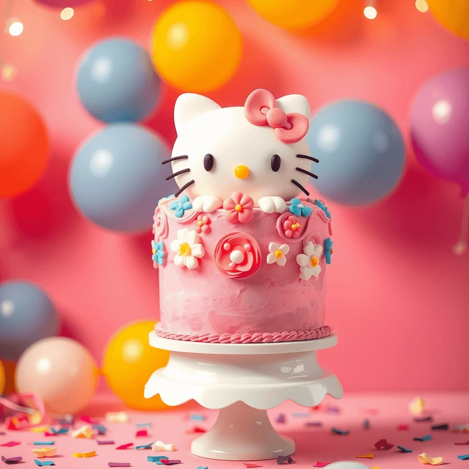 A pink, two-tier Hello Kitty cake decorated with a 3D Hello Kitty figure wearing a pink bow, surrounded by colorful fondant flowers and candies, set against a vibrant background with balloons and confetti.