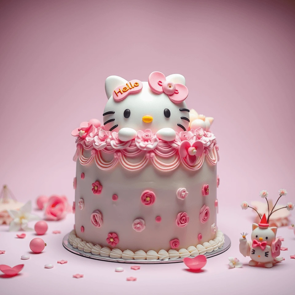 A pink-themed Hello Kitty cake featuring a 3D Hello Kitty figure with a pink bow on her head, decorated with pink roses and intricate piping, set against a soft pink background.