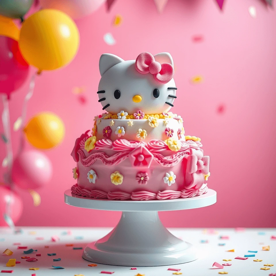 A two-tiered pink Hello Kitty cake topped with a 3D Hello Kitty figure wearing a pink bow, decorated with small white and yellow flowers, set against a pink background with colorful balloons and confetti.