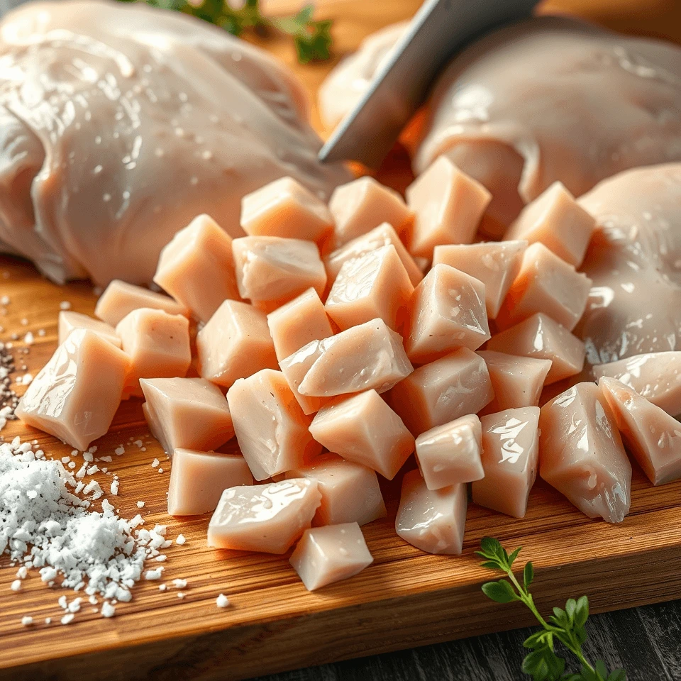 Raw boneless chicken breast cut into small cubes on a wooden cutting board.