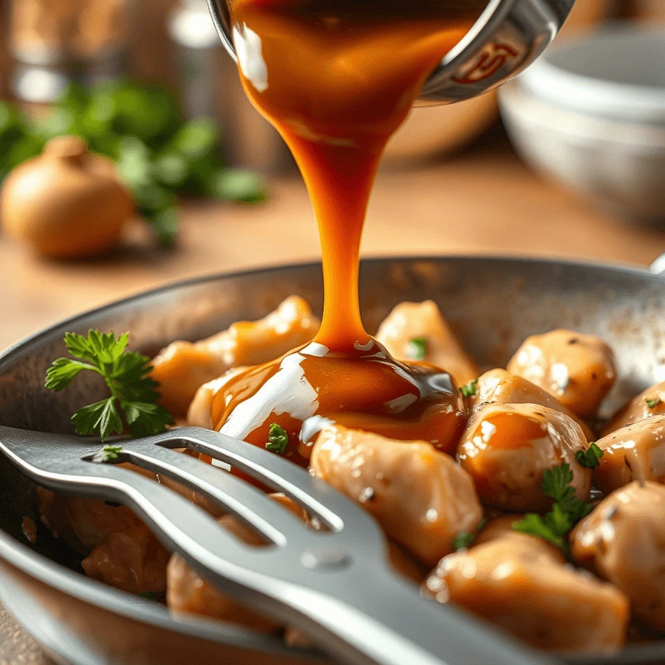 Sweet and sour sauce being poured over cooked chicken pieces in a skillet.