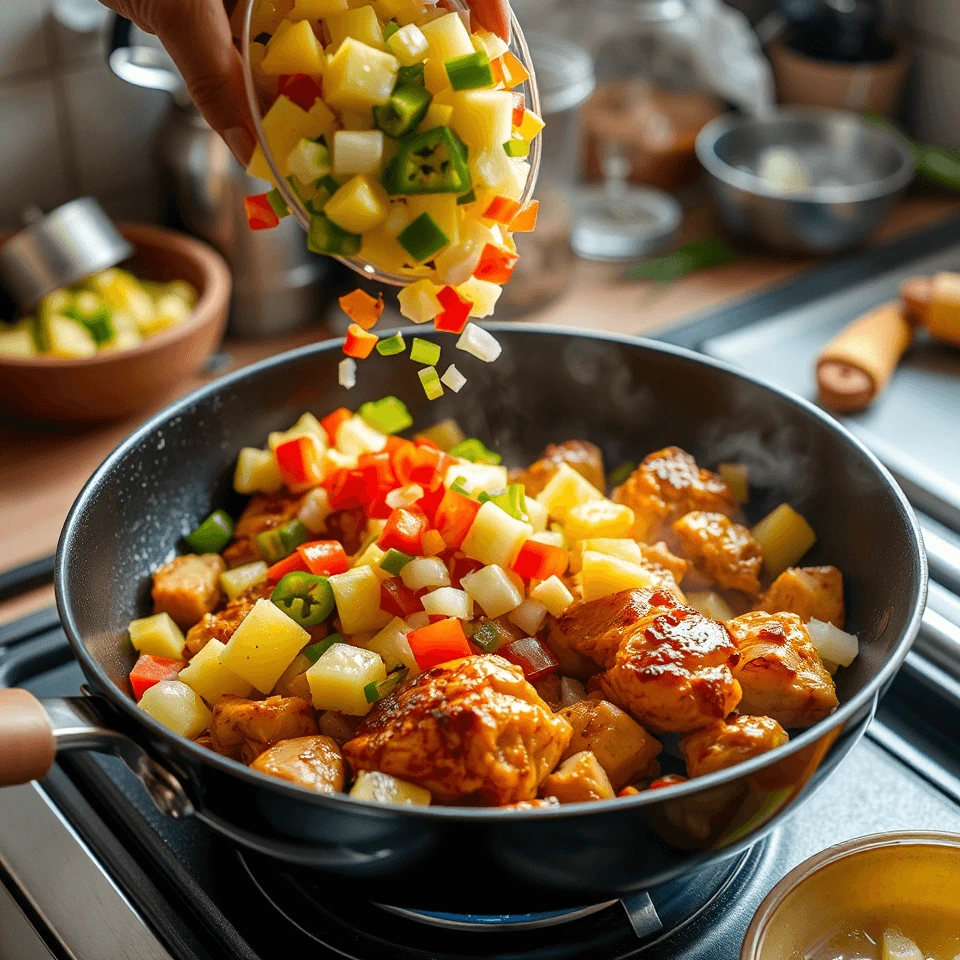 Colorful diced vegetables and pineapple being added to a skillet of cooked chicken.